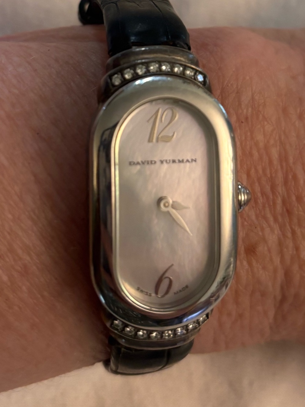 David Yurman diamond trimmed oval Mother-of-Pearl watch.